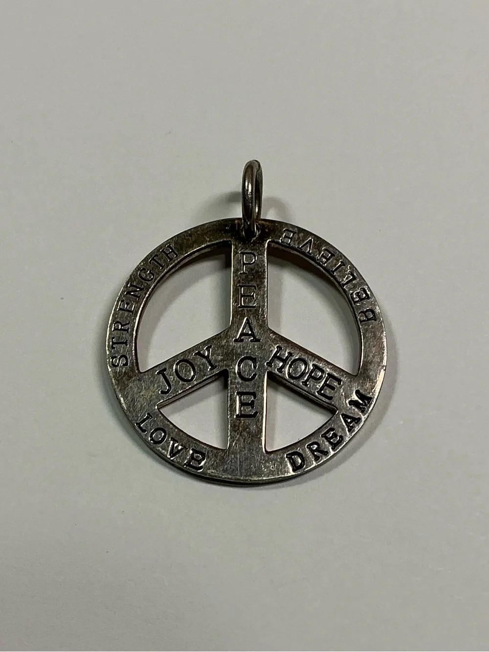 Sterling Silver Peace Sign Pendant W/ Inspirational Words. 1.25” diameter